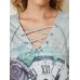 Women Calico Dragonfly Print V  Neck Bandage Casual Short Sleeve T  Shirts