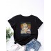 Cartoon Cat Letters Print O  neck Women Casual T  shirt