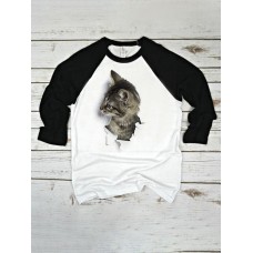 Women 3D Cat Patchwork Raglan Sleeve Round Neck Casual T  Shirt