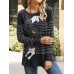 Women Striped Cartoon Cat Round Neck Casual Relaxed Fit Long Sleeve T  Shirt