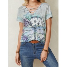 Women Calico Dragonfly Print V  Neck Bandage Casual Short Sleeve T  Shirts