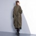 fine army green coat plus size stand collar long coat New Cinched baggy trench coat