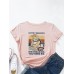 Cartoon Cat Letters Print O  neck Women Casual T  shirt